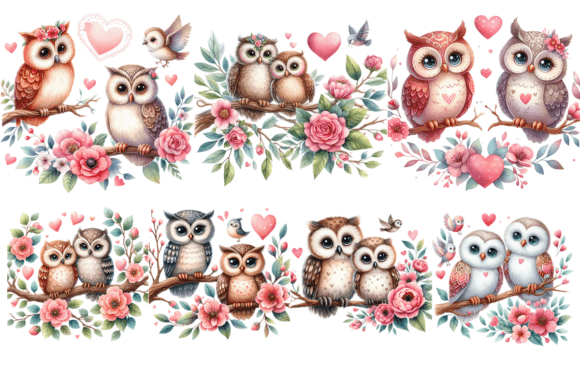 7 Watercolor Owls Heart Flower Bundle: A Must for Illustrations