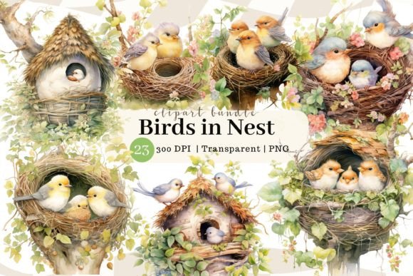 Birds in Nest Watercolor Clipart: A Charming Embroidery Design