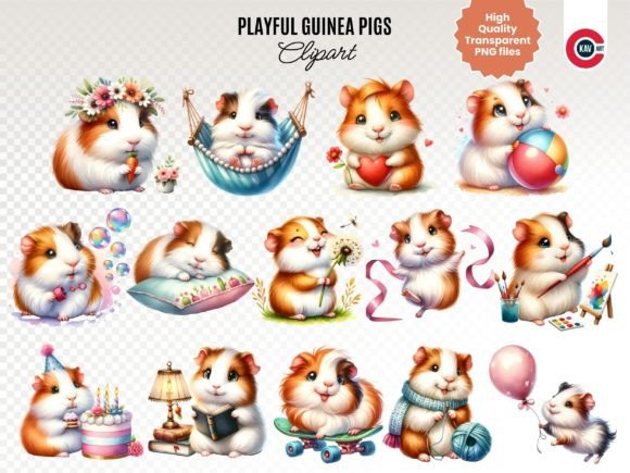 Playful Guinea Pigs Watercolor Clipart for Illustrations