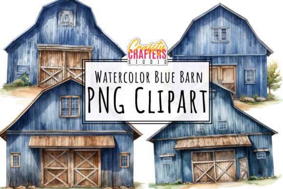 Rustic Watercolor Blue Barn Clipart Set for Illustrations