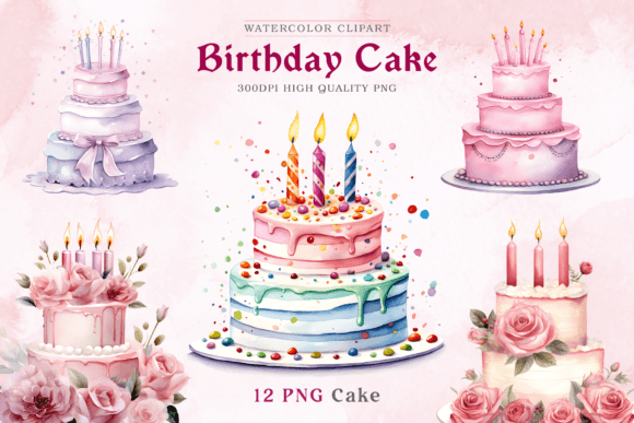 Watercolor Birthday Cake Clipart PNG for Illustrations