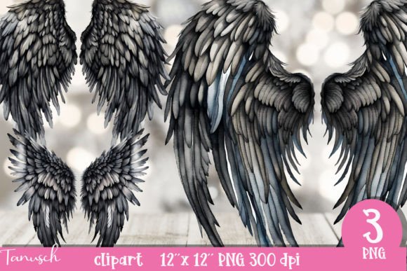 Watercolor Black Angel Wings for Handmade Illustrations
