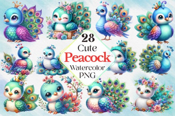 Watercolor Cute Peacock Clipart: A Charming Illustration for Brands