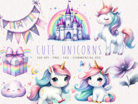 Watercolor Cute Unicorn Clipart for Illustrations