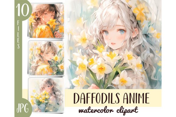 Watercolor Daffodils Anime Girl Clipart for Illustrations