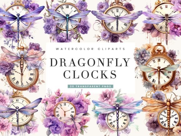 Watercolor Dragonflies Clocks Clipart for Illustrations