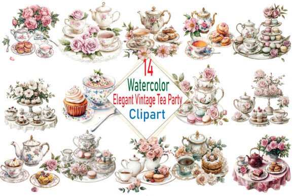 Watercolor Elegant Vintage Tea Party Illustrations