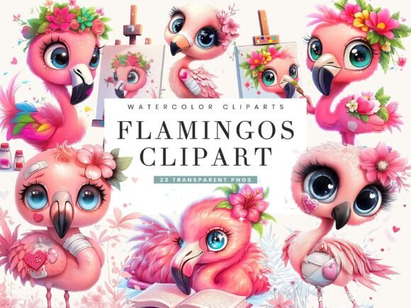Watercolor Flamingos Clipart for Handmade Illustrations