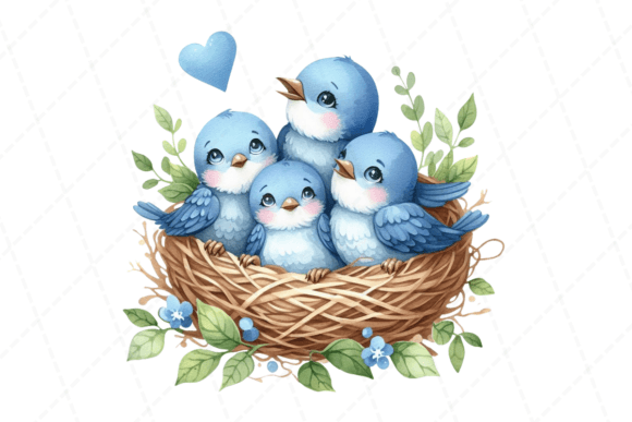 Watercolor Four Blue Birds Embroidery