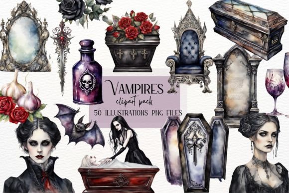 Watercolor Gothic Vampire Clipart for Editorial Illustrations