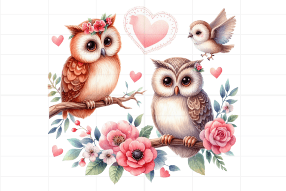 Watercolor Owls Branch with Heart Flower