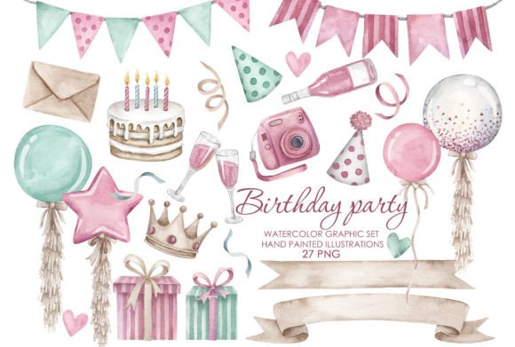 Watercolor Pink Birthday Party Clipart for Illustrations