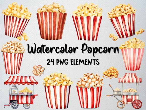Watercolor Popcorn Clipart Set for Creative Illustrations