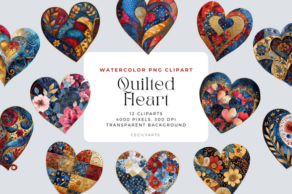 Watercolor Quilted Heart Cliparts: A Charming Addition to Illustrations