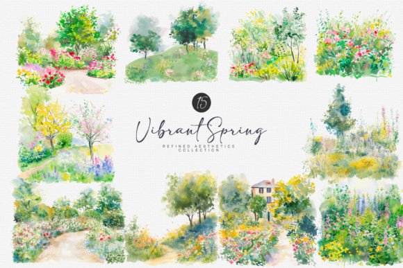 Watercolor Spring Scene Clipart for Handmade Business
